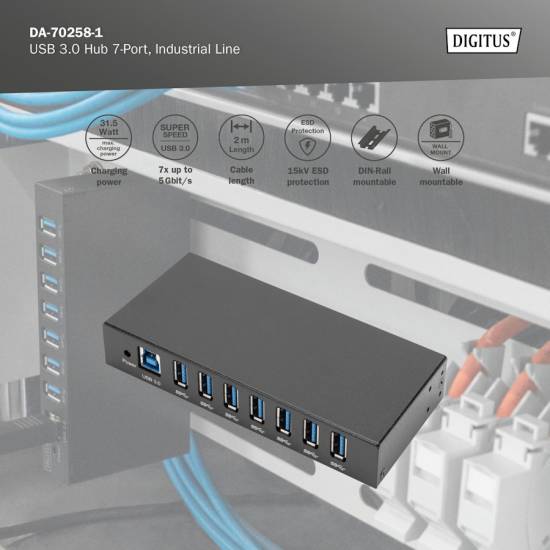 Hub USB 3.0 7-portowy przemysłowy metalowa obudowa aktywny Digitus DA-70258-1
