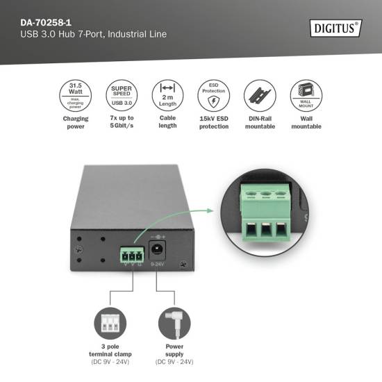 Hub USB 3.0 7-portowy przemysłowy metalowa obudowa aktywny Digitus DA-70258-1