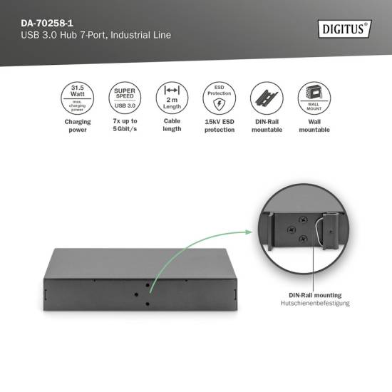 Hub USB 3.0 7-portowy przemysłowy metalowa obudowa aktywny Digitus DA-70258-1