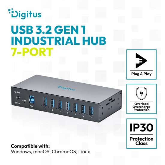 Hub USB 3.2 Gen1 5Gbit/s 7x USB-A host USB-B przemysłowy metalowa obudowa szyna DIN aktywny Digitus DA-70261