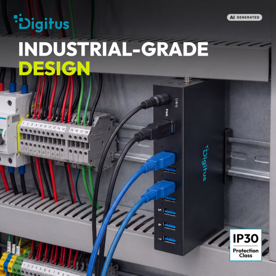 Hub USB 3.2 Gen1 5Gbit/s 7x USB-A host USB-B przemysłowy metalowa obudowa szyna DIN aktywny Digitus DA-70261
