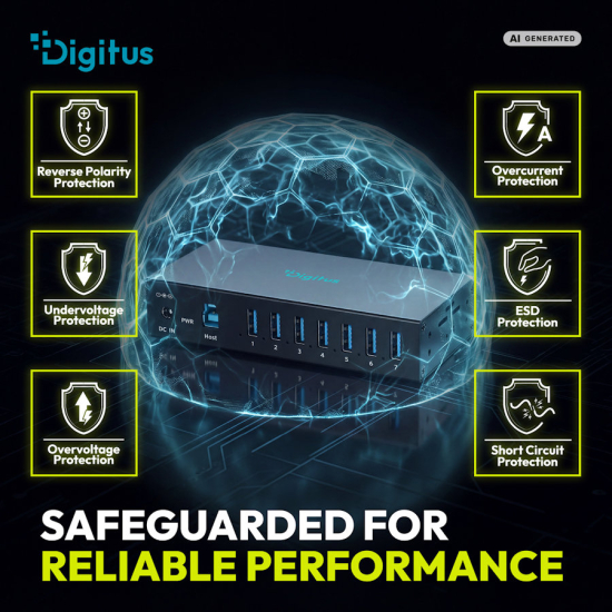 Hub USB 3.2 Gen1 5Gbit/s 7x USB-A host USB-B przemysłowy metalowa obudowa szyna DIN aktywny Digitus DA-70261