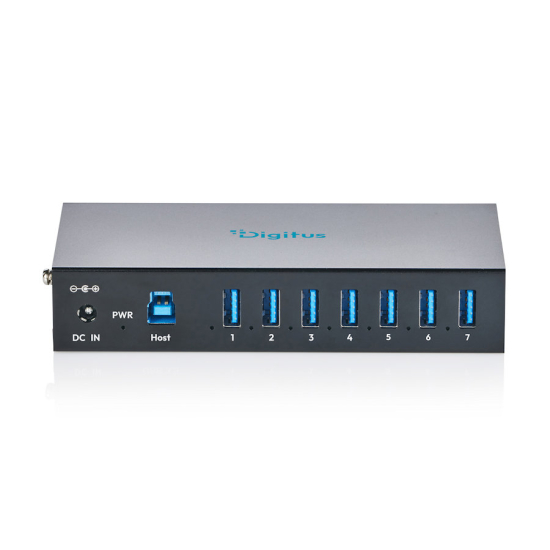Hub USB 3.2 Gen1 5Gbit/s 7x USB-A host USB-B przemysłowy metalowa obudowa szyna DIN aktywny Digitus DA-70261