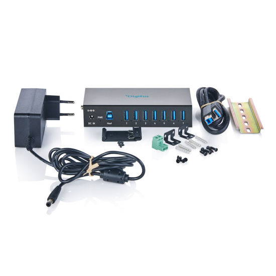 Hub USB 3.2 Gen1 5Gbit/s 7x USB-A host USB-B przemysłowy metalowa obudowa szyna DIN aktywny Digitus DA-70261