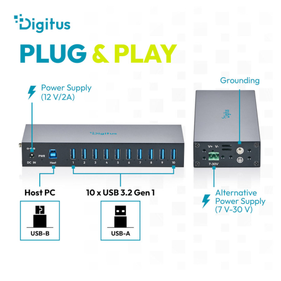 Hub USB 3.2 Gen1 5Gbit/s 10x USB-A host USB-B przemysłowy metalowa obudowa szyna DIN aktywny Digitus DA-70262