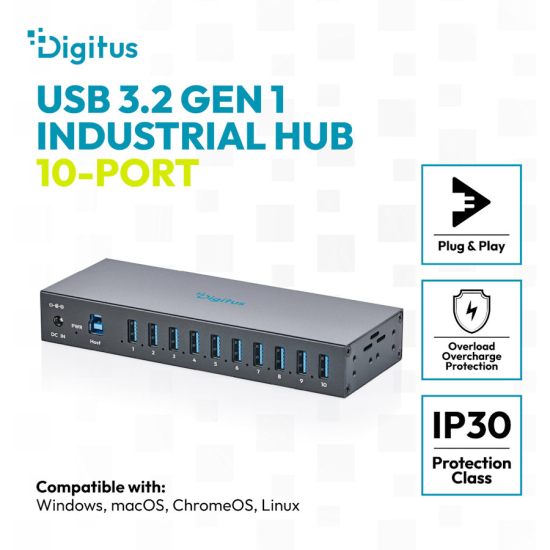 Hub USB 3.2 Gen1 5Gbit/s 10x USB-A host USB-B przemysłowy metalowa obudowa szyna DIN aktywny Digitus DA-70262