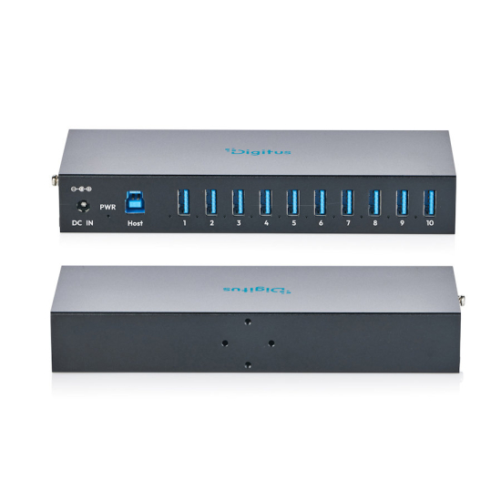 Hub USB 3.2 Gen1 5Gbit/s 10x USB-A host USB-B przemysłowy metalowa obudowa szyna DIN aktywny Digitus DA-70262