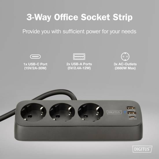 Listwa zasilająca 3-gniazda 2x USB-A 12W 1x USB-C 30W 1,5m Digitus DA-70625 czarna
