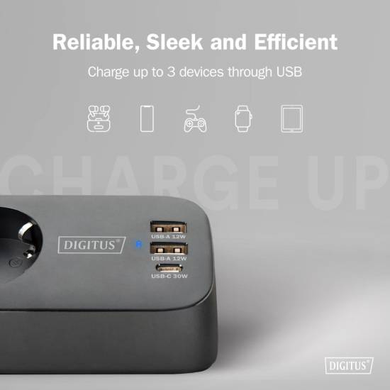 Listwa zasilająca 3-gniazda 2x USB-A 12W 1x USB-C 30W 1,5m Digitus DA-70625 czarna