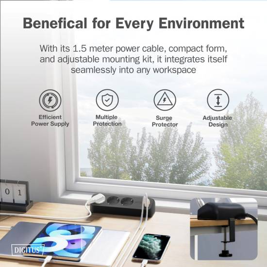 Listwa zasilająca 3-gniazda 2x USB-A 12W 1x USB-C 30W 1,5m Digitus DA-70625 czarna