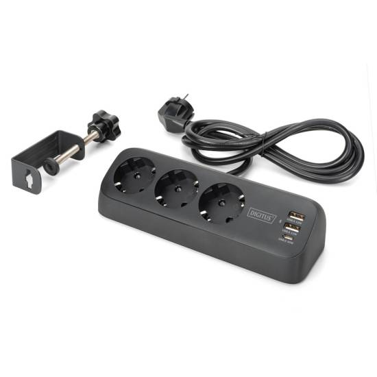 Listwa zasilająca 3-gniazda 2x USB-A 12W 1x USB-C 30W 1,5m Digitus DA-70625 czarna