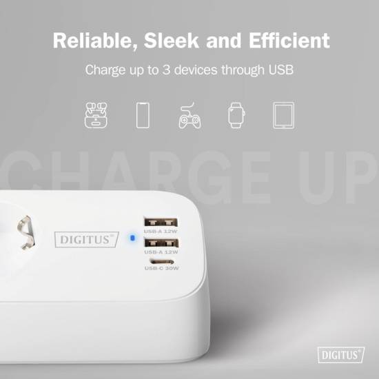 Listwa zasilająca 3-gniazda 2x USB-A 12W 1x USB-C 30W 1,5m Digitus DA-70626 biała