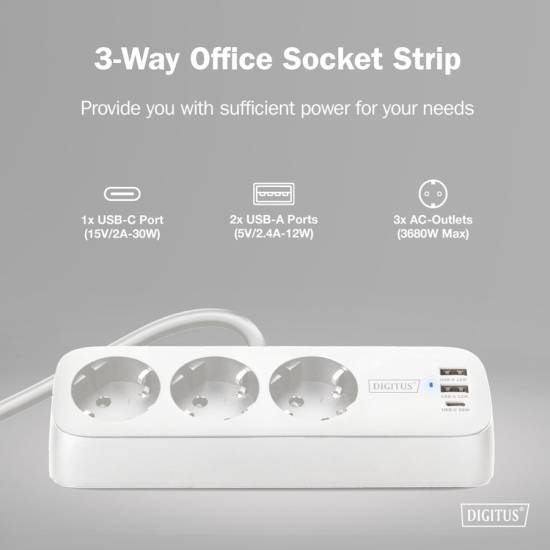 Listwa zasilająca 3-gniazda 2x USB-A 12W 1x USB-C 30W 1,5m Digitus DA-70626 biała
