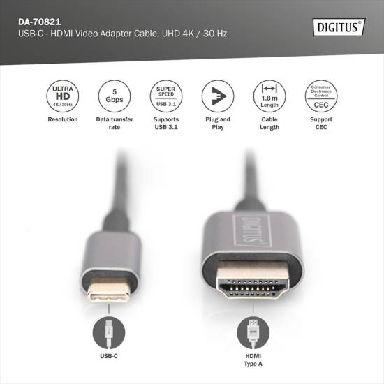 Kabel USB C -> HDMI 4K 30 Hz 1,8m Digitus DA-70821