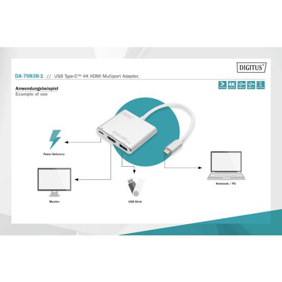 Adapter USB-C -> HDMI 4K + USB-C PD 61W + USB3.0 Digitus DA-70838-1