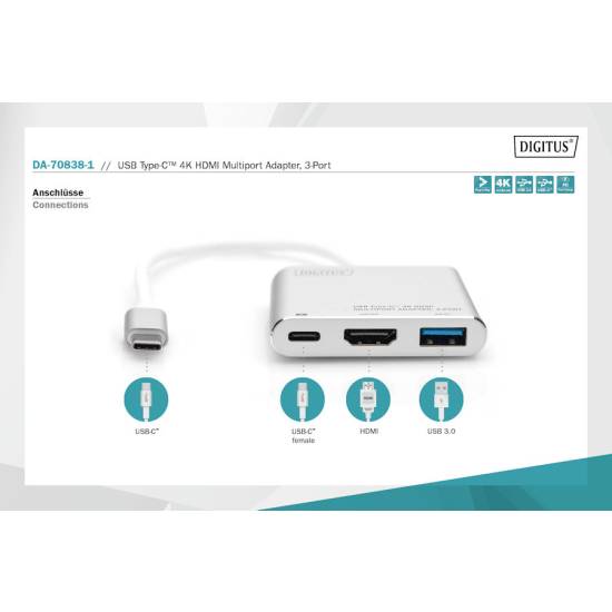 Adapter USB-C -> HDMI 4K + USB-C PD 61W + USB3.0 Digitus DA-70838-1