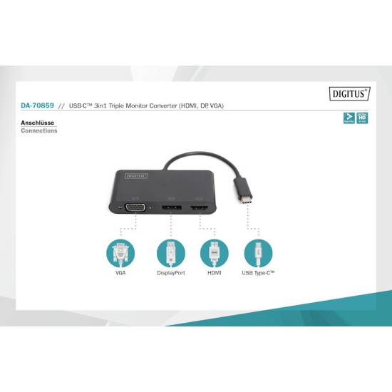 Adapter USB-C -> HDMI 4K + DisplayPort + VGA Digitus DA-70859