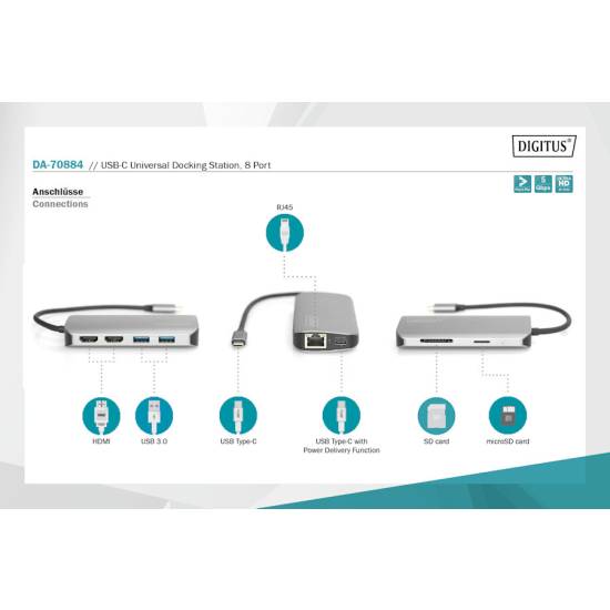 Hub USB-C -> USB 3.0 x2 HDMI x2 4K RJ45 PD 100W Digitus DA-70884