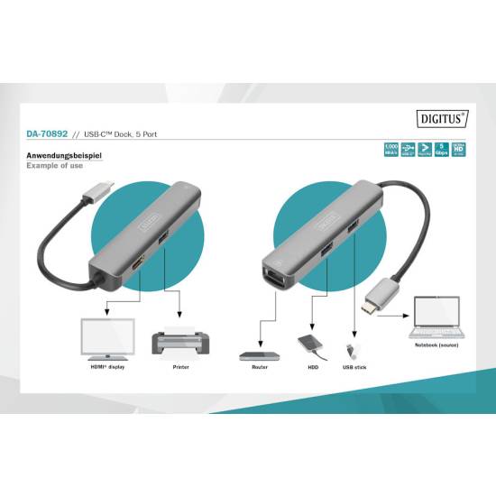Hub USB-C -> USB 3.0 x3 HDMI 4K RJ45 Digitus DA-70892