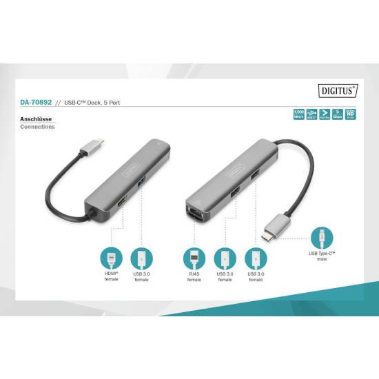 Hub USB-C -> USB 3.0 x3 HDMI 4K RJ45 Digitus DA-70892