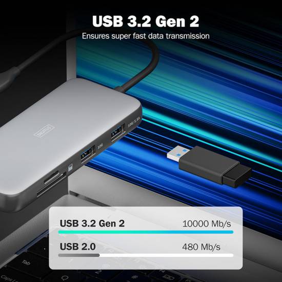 Stacja dokująca USBC 7-portów HDMI 4K RJ45 USB 3.2 x2 USBC PD 100W czytnik kart Digitus DA-70914