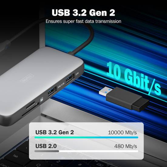Stacja dokująca USBC 8-portów HDMI 4K x2 RJ45 USB 3.2 x2 USBC PD 100W czytnik kart Digitus DA-70915