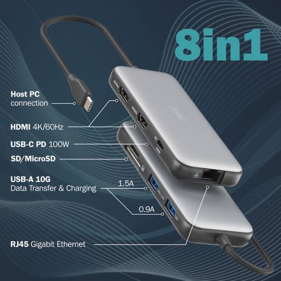 Stacja dokująca USBC 8-portów HDMI 4K x2 RJ45 USB 3.2 x2 USBC PD 100W czytnik kart Digitus DA-70915