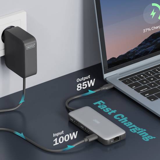 Stacja dokująca USBC 8-portów HDMI 4K x2 RJ45 USB 3.2 x2 USBC PD 100W czytnik kart Digitus DA-70915