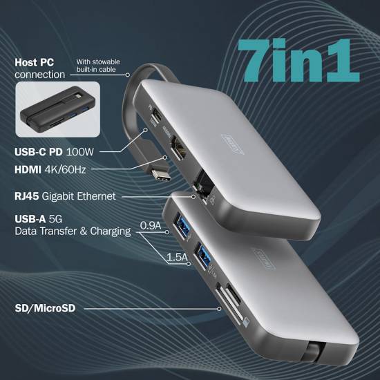 Stacja dokująca USBC 7-portów HDMI 4K RJ45 USB 3.2 x2 USBC PD 100W czytnik kart Digitus DA-70916