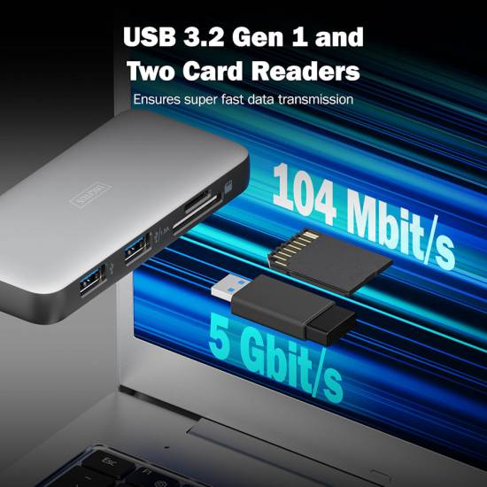 Stacja dokująca USBC 7-portów HDMI 4K RJ45 USB 3.2 x2 USBC PD 100W czytnik kart Digitus DA-70916
