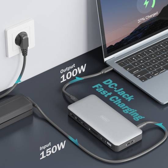 Stacja dokująca USBC 11-portów HDMI 4K x2 RJ45 USB 3.2 x2 USB-C 3.2 x1 zasilacz 150W czytnik kart Digitus DA-70917