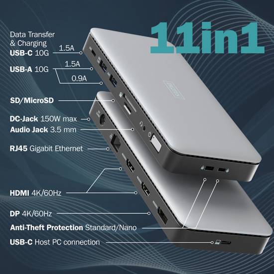 Stacja dokująca USBC 11-portów HDMI 4K x2 RJ45 USB 3.2 x2 USB-C 3.2 x1 zasilacz 150W czytnik kart Digitus DA-70917