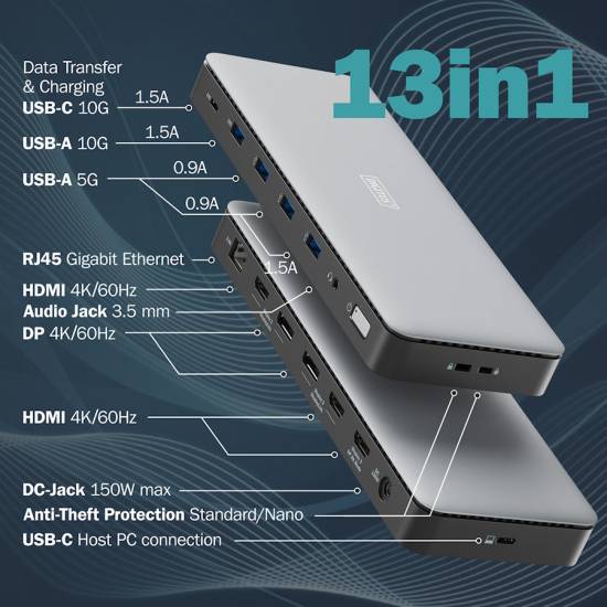 Stacja dokująca USBC 13-portów HDMI 4K x3 DP 4k x2 RJ45 2.5Gbit USB 3.2 x4 USBC 32 x1 zasilacz 150W Digitus DA-70918