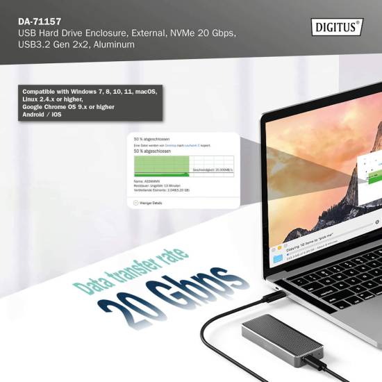 Obudowa SSD M.2 NVMe 20Gbps USB-C 3.2 Gen2x2 Digitus DA-71157
