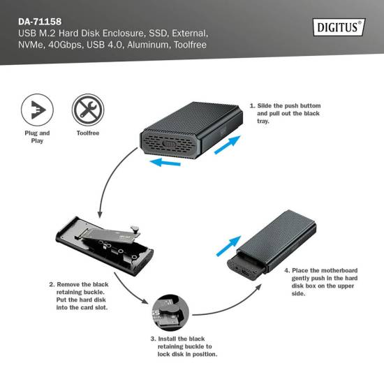 Obudowa SSD M.2 NVMe USB 4.0 USBC 40Gbps beznarzędziowa Digitus DA-71158
