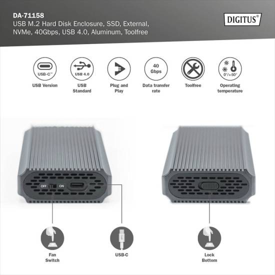 Obudowa SSD M.2 NVMe USB 4.0 USBC 40Gbps beznarzędziowa Digitus DA-71158