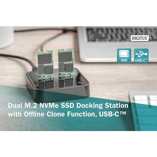 Stacja dokująca USB-C dyski 2x M.2 PCIe/NVMe klonowanie Digitus DA-71545