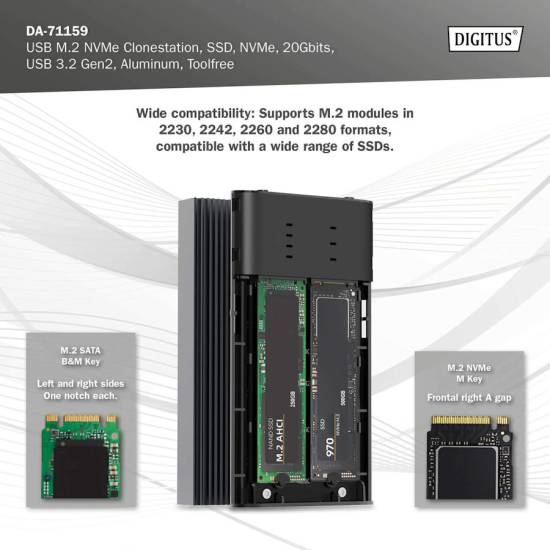 Stacja dokująca / obudowa USB C 3.2 Gen2 dyski 2x M.2 PCIe/NVMe klonowanie Digitus DA-71559