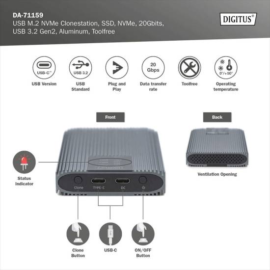 Stacja dokująca / obudowa USB C 3.2 Gen2 dyski 2x M.2 PCIe/NVMe klonowanie Digitus DA-71559
