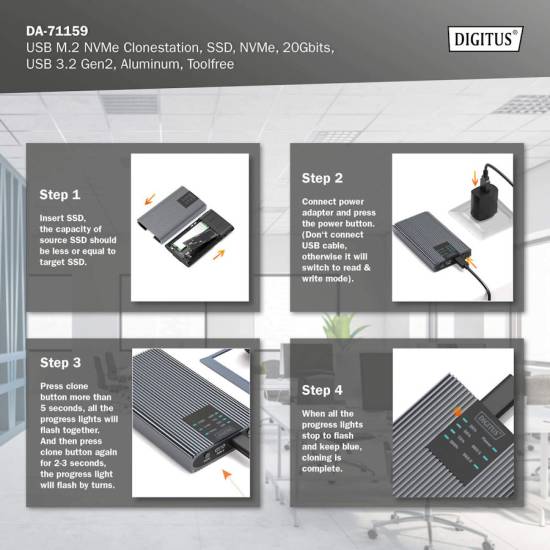 Stacja dokująca / obudowa USB C 3.2 Gen2 dyski 2x M.2 PCIe/NVMe klonowanie Digitus DA-71559