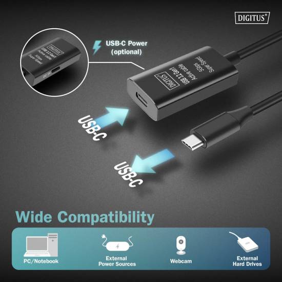 Kabel USB 3.2 USB-C -> USB-C 5G przedłużacz 5m aktywny Digitus DA-73108