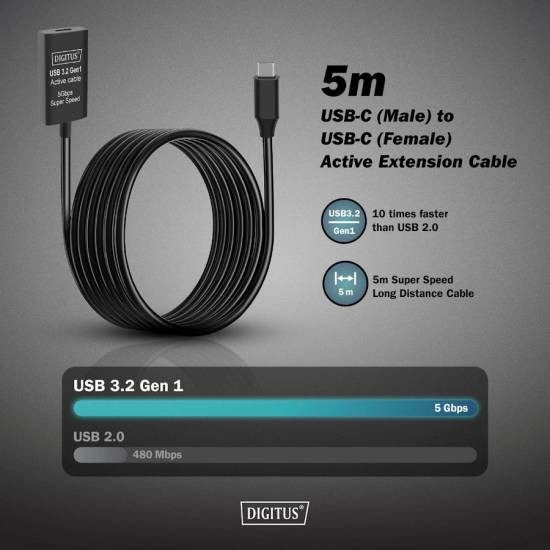Kabel USB 3.2 USB-C -> USB-C 5G przedłużacz 5m aktywny Digitus DA-73108
