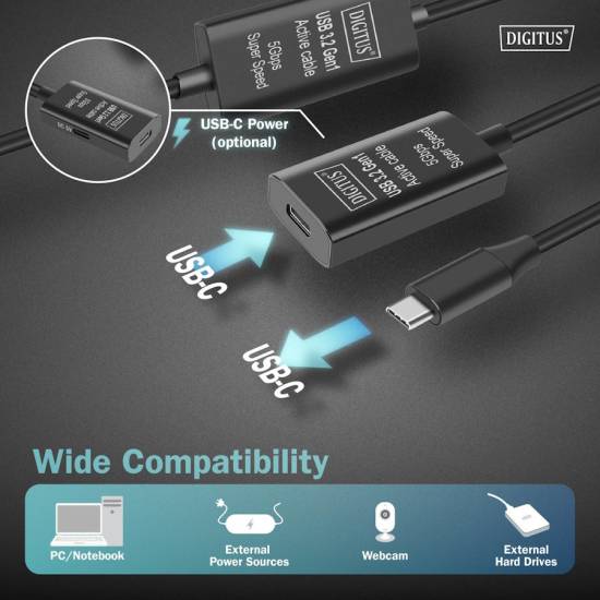 Kabel USB 3.2 USB-C -> USB-C 5G przedłużacz 10m aktywny Digitus DA-73109