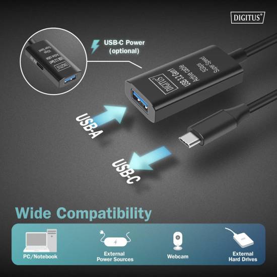 Kabel USB 3.2 USB-C -> USB-A 5G przedłużacz 5m aktywny Digitus DA-73110