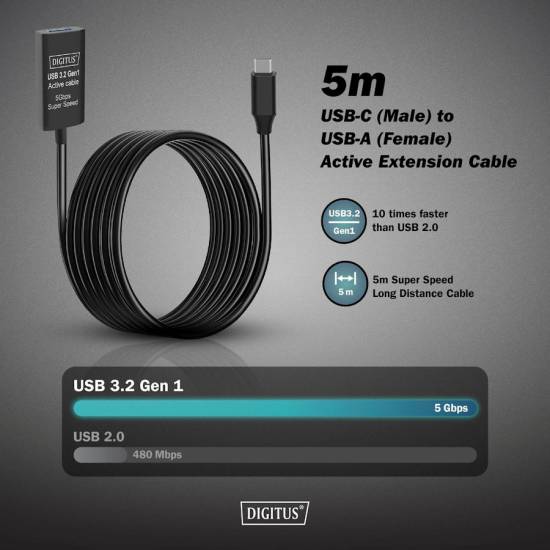 Kabel USB 3.2 USB-C -> USB-A 5G przedłużacz 5m aktywny Digitus DA-73110