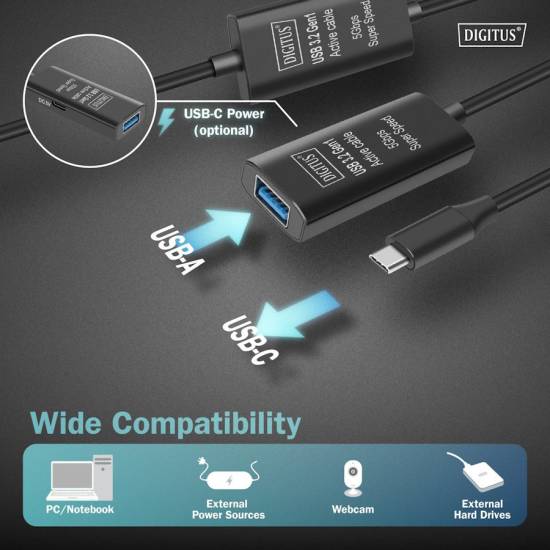 Kabel USB 3.2 USB-C -> USB-A 5G przedłużacz 10m aktywny Digitus DA-73111
