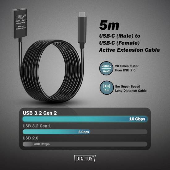 Kabel USB 3.2 USB-C -> USB-C 10G przedłużacz 5m aktywny Digitus DA-73112
