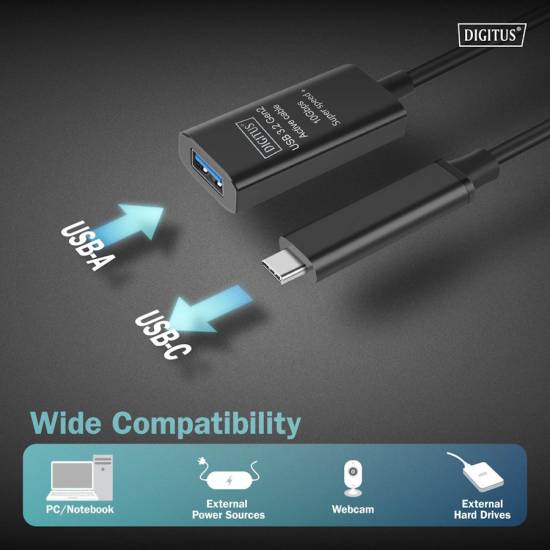 Kabel USB 3.2 USB-C -> USB-A 10G przedłużacz 5m aktywny Digitus DA-73113