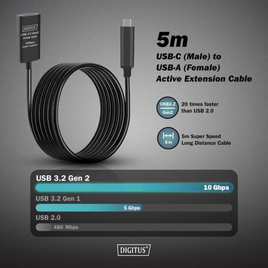 Kabel USB 3.2 USB-C -> USB-A 10G przedłużacz 5m aktywny Digitus DA-73113