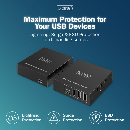 Kabel USB 3.1 Gen1 przedłużacz po skrętce kat. 6A. do 100m 3x USB-A 1x USB-C do 5 Gbps Digitus DA-73121
